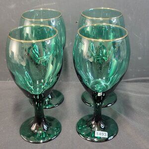 Vintage Set Of 4 Libbey Juniper Green Gold Rimmed Teardrop Wine Glass Goblet